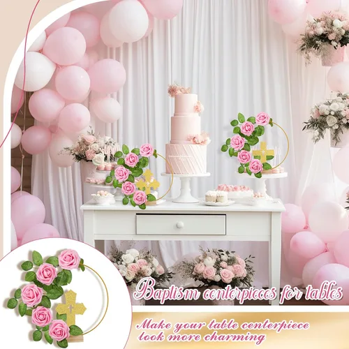 Miniatura 4 de Wesiti 48 piezas Centro de mesa para bautizo, decoración de mesa para primera comunión, 12 cruces de madera, 12 aros florales con soporte, 24 rosas
