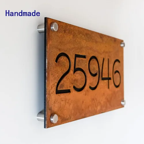 Miniatura 4 de Placa de números de casa de hierro oxidado con dirección, placa de dirección, números de casa para exteriores modernos