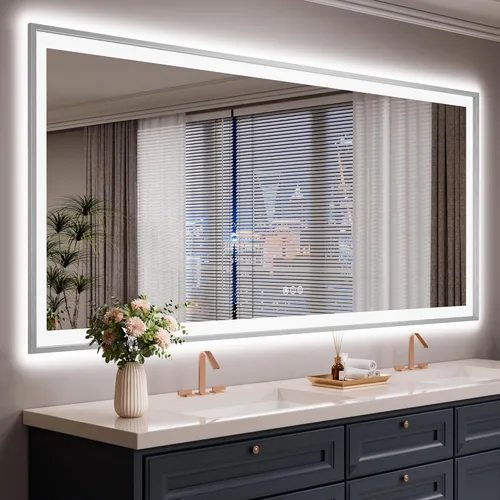 Miniatura 23 de Espejo de baño LED de 60x36 pulgadas con marco negro, espejos de baño retroiluminados y con luz frontal para pared, antiempañamiento, regulable