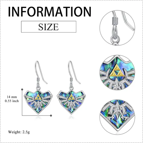 Miniatura 4 de YFN Zelda - Aretes colgantes de plata de ley con diseño de triforce Zelda, con temática de abulón, joyería Zelda para mujeres, hombres y niñas