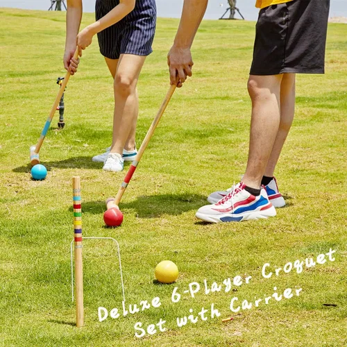 Miniatura 6 de ApudArmis Juego de Croquet para Seis Jugadores con Mazos de Madera de Goma Premium de 28 Pulgadas, Pelota de Colores, Arcos, Estacas – Juego