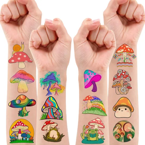 Miniatura 2 de 96 tatuajes temporales para niños, bonitos diseños de hongos, vegetales y plantas de bosque trippy, calcomanías falsas impermeables para niños