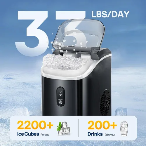 Miniatura 3 de VIVOHOME - Máquina de hielo de sobremesa 33 libras/día, máquina de hacer cubitos de hielo masticable tipo pepita con 10 bolsas de hielo