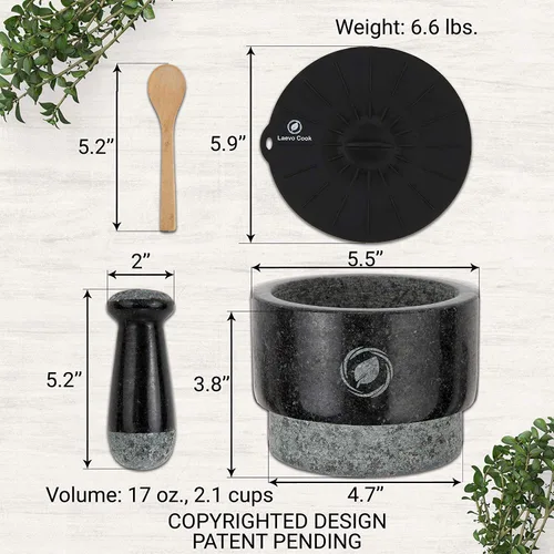 Miniatura 5 de Laevo Juego grande de mortero y mortero - Molinillo de especias de piedra de granito negro, capacidad de 2.1 tazas, 5.5 pulgadas - Molcajete Mármol