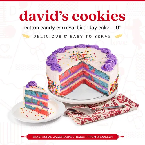 Miniatura 2 de David's Cookies Pastel de Cumpleaños Carnival de Algodón de Azúcar de 10" - Postre Fresco de Panadería en Capas para Entrega - Precortado