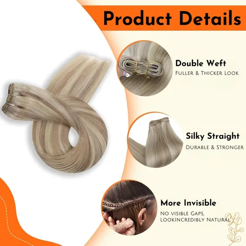 Miniatura 3 de HC Extensiones de cabello humano Remy de 18 pulgadas, cabello lacio de doble trama, cabello cosido con reflejos rubio ceniza mezclado con rubio