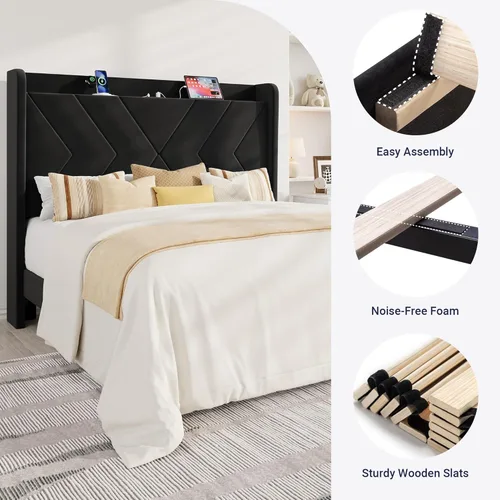Miniatura 7 de Allewie Base de cama de plataforma de tamaño matrimonial con estación de carga y estante de almacenamiento, cabecera tapizada de terciopelo con Negro