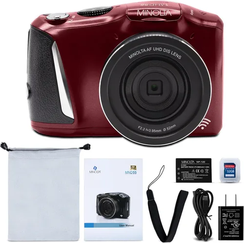 Miniatura 2 de Minolta Cámara digital de 64 MP – Video 4K Ultra HD a 60 FPS, zoom digital de 16x, WiFi, sensor CMOS, pantalla LCD de 3 pulgadas, exposición Rojo