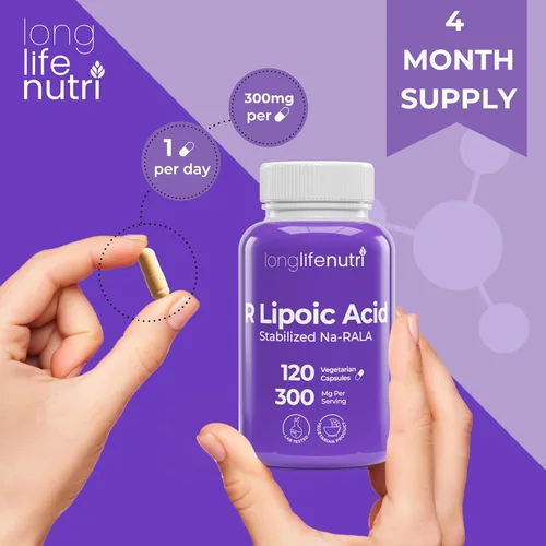 Miniatura 5 de LongLifeNutri Ácido R-alfa lipoico estabilizado de 300 mg – Suplemento Na-RALA de alta potencia para energía celular y función metabólica, 120