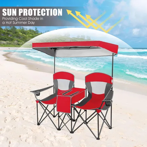 Miniatura 4 de GYMAX Silla de campamento doble, silla de playa con toldo y protección UV ajustable, refrigeradora, portavasos y bolsa de transporte, silla plegable