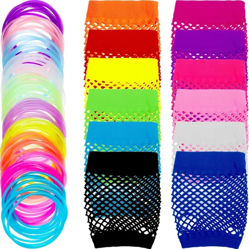 TecUnite 12 pares de guantes de red sin dedos de color neón y 100 pulseras de gelatina de silicona multicolor, lazos luminosos para varias fiestas