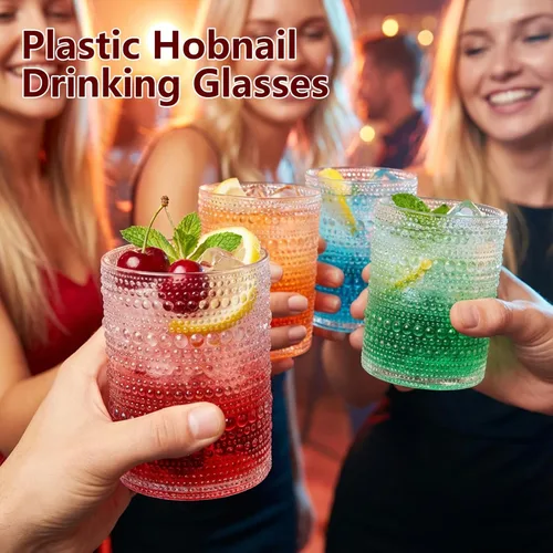 Miniatura 9 de YOUBET 24 Vasos de Plástico con Relieve para Beber - 14 Oz Vasos Transparentes Vintage - Cristalería Desechable con Cuentas para Jugo, Vino, Fiesta