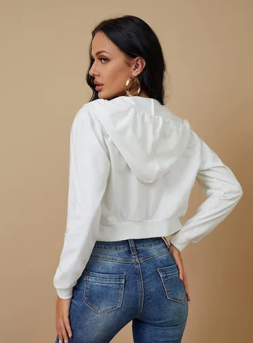 Miniatura 5 de Sudaderas con capucha y cremallera para mujer, chaqueta recortada, con cordón, sudadera casual de manga larga