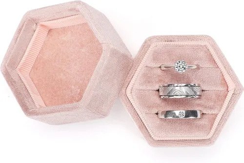Miniatura 71 de WantGor Caja de joyería de terciopelo para anillos, caja de regalo con 3 ranuras, caja de regalo para anillos hexagonales vintage, para ceremonia
