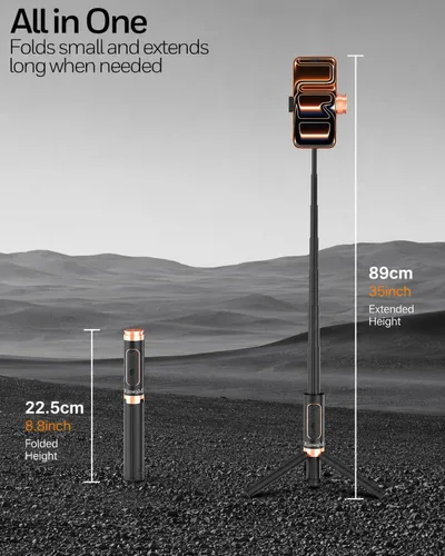 Miniatura 3 de Trípode selfie stick para iPhone y Android, soporte de trípode portátil para teléfono con control remoto Bluetooth, apertura de un clic, compacto