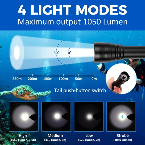 Miniatura 2 de WD43PRO - Linterna de buceo recargable de 1050 lúmenes, linterna impermeable subacuática de 492.1 ft con correa de muñeca, 4 modos de luz