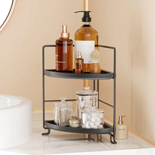 Miniatura 6 de NLBTW Organizador de encimera de baño de esquina de 2 niveles, bandeja de tocador de instalación sin herramientas para el cuidado de la piel, Negro