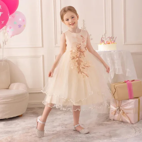 Miniatura 5 de Vestido formal para niña de flores, vestido formal para fiesta de cumpleaños, boda, bordado floral, vestidos de satén de tul para niños de 2 a 12