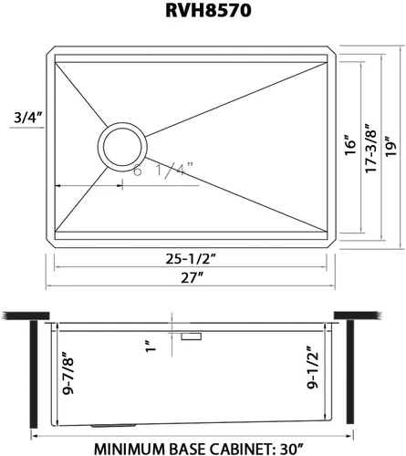 Miniatura 9 de Ruvati - RVH8570 - Fregadero de cocina calibre 16 de 27 in con estación de trabajo, drenaje desplazado y superficie inferior inclinada