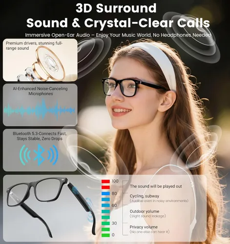Miniatura 6 de Lentes inteligentes AI para hombres y mujeres con traducción en tiempo real y audio Bluetooth, gafas de traductor de 115 idiomas con altavoces