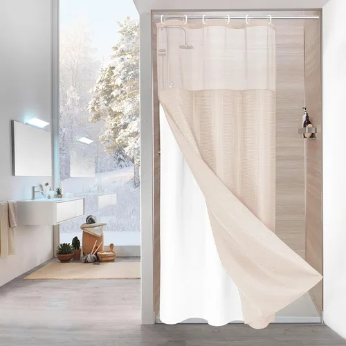 Miniatura 38 de MitoVilla Cortina de ducha pequeña beige de 36 x 72 pulgadas, juego de cortina de ducha de tela de punto gofre de tamaño medio estrecho con forro