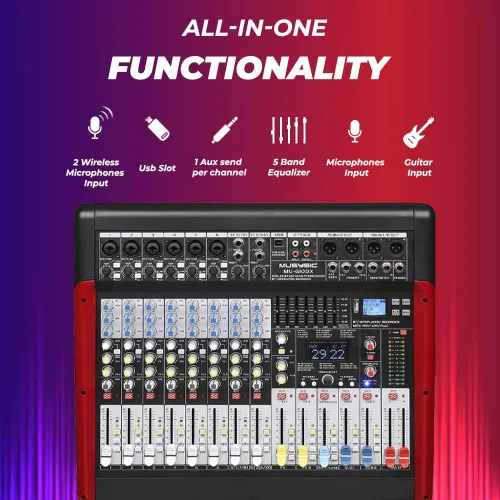 Miniatura 2 de MUSYSIC Tablero mezclador de audio profesional de 10 canales con efectos DSP duales de 24 bits, interfaz USB, grabadora Bluetooth/MP3 y ecualizador