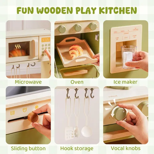Miniatura 4 de ROBUD Juego de cocina de madera, cocina de juego de simulación para niños, cocina de juguete con microondas, fregadero, estufa y máquina de hielo