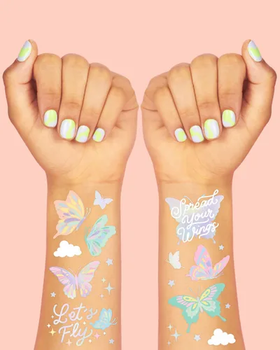 Miniatura 3 de xo, Fetti Tatuajes temporales de mariposa pastel – 70 estilos de aluminio Decoraciones de fiesta de cumpleaños de hadas arco iris, monarcas