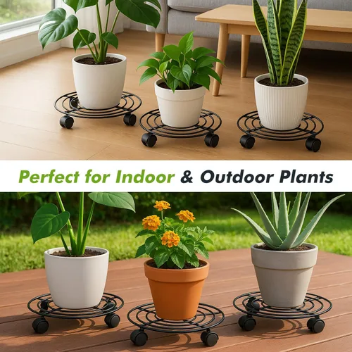Miniatura 5 de Paquete de 5 cestas de metal para plantas de 11.8 pulgadas con ruedas, soporte de hierro forjado resistente con ruedas para uso en interiores
