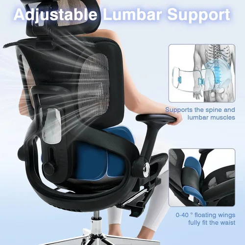 Miniatura 6 de Silla de oficina ergonómica de malla con reposapiés, silla de escritorio de respaldo alto con reposabrazos 4D, soporte lumbar dinámico de 3 zonas