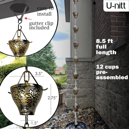 Miniatura 3 de U-nitt Cadena de lluvia colección de agua para canalones, atrapador de agua de lluvia y desviador, cadenas de 8.5 pies para jardín exterior, copas