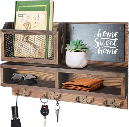 Porta llaves para pared, organizador de correo con montaje en pared con ganchos para llaves y soporte para billetera, almacenamiento para gafas de