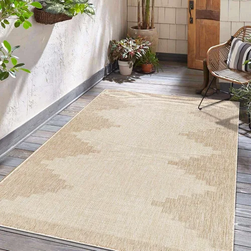 Hauteloom Eris - Alfombra para exteriores, alfombra de patio para porche, exterior, alfombra impermeable, geométrica, marrón, crema, beige, 2 x 2