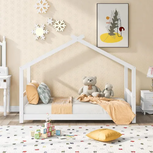Camas de madera Montessori tamaño individual, cama de plataforma para niños con cabecero y estribo, cama de tienda de campaña, no necesita somier