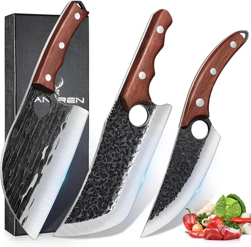 Miniatura 9 de TAN REN 17 piezas de juego de cuchillos de carnicero con bolsa, juego de cuchillos de BBQ de acero de alto carbono para cortar carne, cuchillos