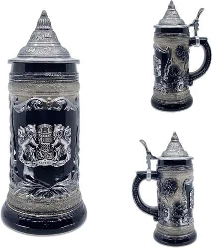 Miniatura 3 de OktoberfestHaus - Taza de cerveza con escudo de armas del Bayern alemán, escudo de armas con emblema de metal en color negro carbón con tapa