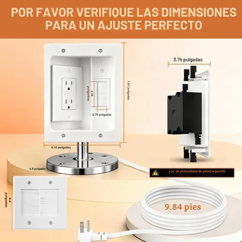 Miniatura 2 de Kit de organización de cables de pared con caja de salida de TV empotrada, enchufe de dos agujeros, cable de 9 pies, kit de pared para ocultar