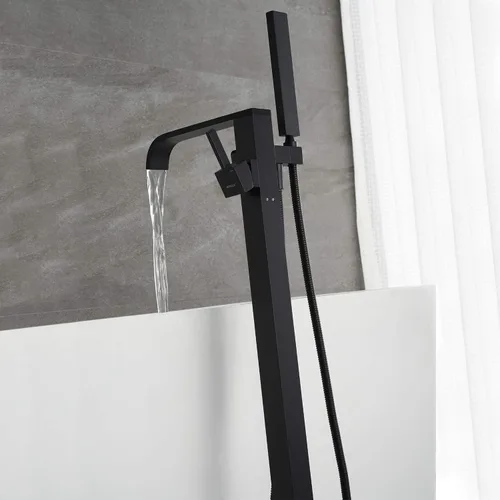Miniatura 5 de Grifo de bañera independiente Llenador de bañera Negro Montaje en el piso Grifos de baño Latón Manija única con ducha de mano