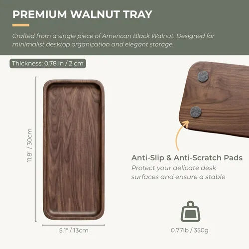 Miniatura 5 de Bandeja de Servicio Muso Nogal - Bandeja Rectangular Pequeña de Madera Maciza para Baño, Cena, Té, Café (29.97 cm x 12.7 cm)