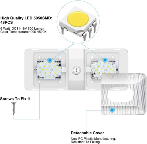 Miniatura 5 de BlueFire Luz LED de techo doble con interruptor de encendido/apagado, 6W 600LM, 4000-4500K, iluminación interior de 12 V CC para caravana, remolque
