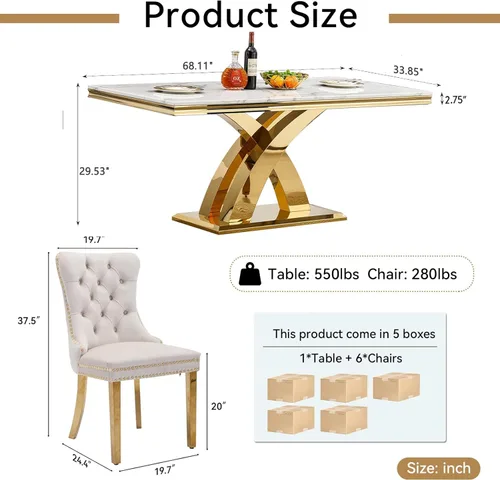 Miniatura 4 de Juego de mesa de comedor de 7 piezas con sillas, mesa de comedor de mármol sintético y sillas beige para 6, juego de mesa de comedor de oro blanco