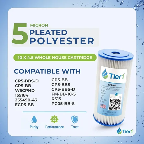 Miniatura 2 de Tier1 Filtro de agua de 5 micras de 10 x 4.5 pulgadas Cartucho de filtro de sedimentos de poliéster plisado para toda la casa Reemplazo