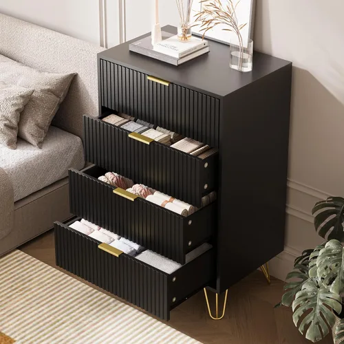 Miniatura 4 de MAISONARIA Cómoda negra para dormitorio, cómoda de 4 cajones con asas de metal dorado y cómodas, cómodas para pasillo, dormitorio