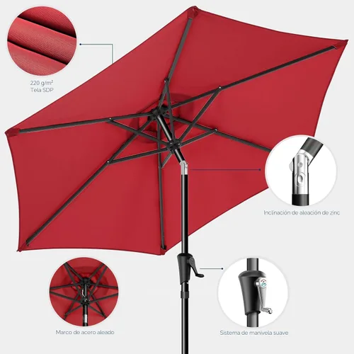 Miniatura 6 de HOMSHADE Sombrilla de patio al aire libre de 9 pies, sombrilla para mesa de mercado, piscina, terraza, protección UV UPF50+ con botón de Rojo