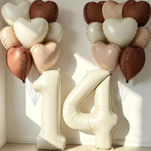 Miniatura 35 de Globos de 40 pulgadas color crema número 10, 17 piezas de globos de helio grandes con globos de corazón neutros crema nude caramelo beige marrón