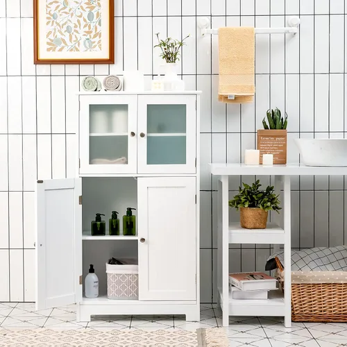 Miniatura 8 de Giantex Armario de almacenamiento con puertas – Armario de piso de baño, armario alto independiente con 2 puertas de vidrio templado, estante Blanco