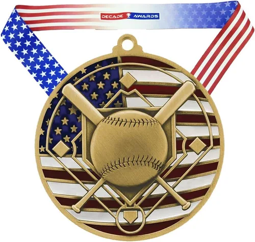 Decade Awards Medalla patriótica de béisbol – 2.75 pulgadas de ancho | Medallón de béisbol con estrellas y rayas bandera americana cuello en V cinta