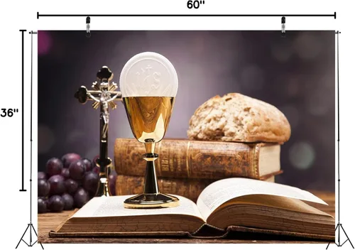 Miniatura 8 de Telón de fondo de tela de 5 x 3 pies para la primera comunión, objetos sagrados, Biblia, pan, vino, fotografía, fondo, iglesia cristiana, evento
