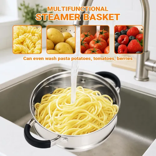 Miniatura 4 de Kirecoo Vaporizador de 3.2 cuartos de galón para cocinar - Olla de vapor de acero inoxidable con cesta de vapor, olla de cocción con mango