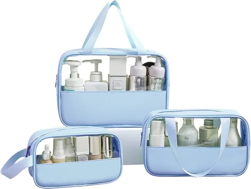 Paquete de 3 bolsas de aseo de viaje impermeables, PVC transparente y organizador de maquillaje cosmético de poliuretano floral azul, aprobado por